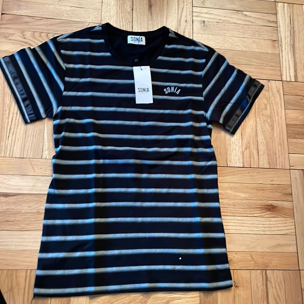 Sonia by Sonia Rykiel black crewneck T-shirt with gray stripes size XS